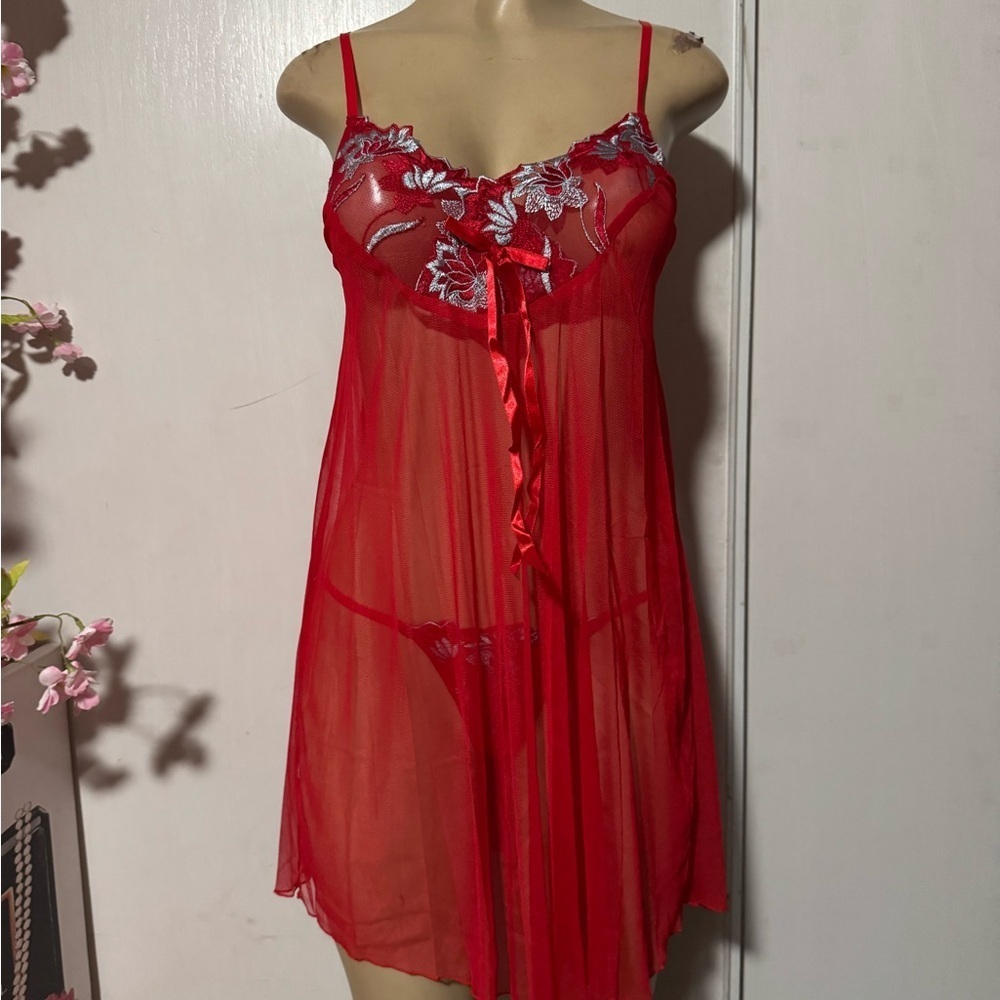 Red Floral Embroidered Chemise with Sweetheart Neckline